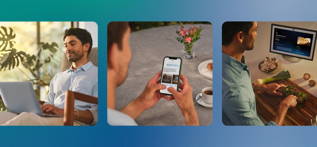 Three images showing everyday AI use: a person working on a laptop at home, someone browsing content on a smartphone at a table, and a person following a digital recipe while preparing food.