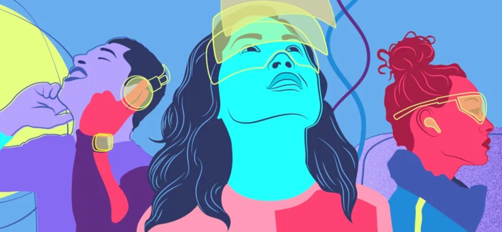 Promotional Image for CES 2026. Illustrated scene of three people wearing augmented reality headsets, shown in bold, contrasting colours. The central figure looks upward, while the others face different directions, suggesting immersion in digital or virtual experiences against an abstract blue background.