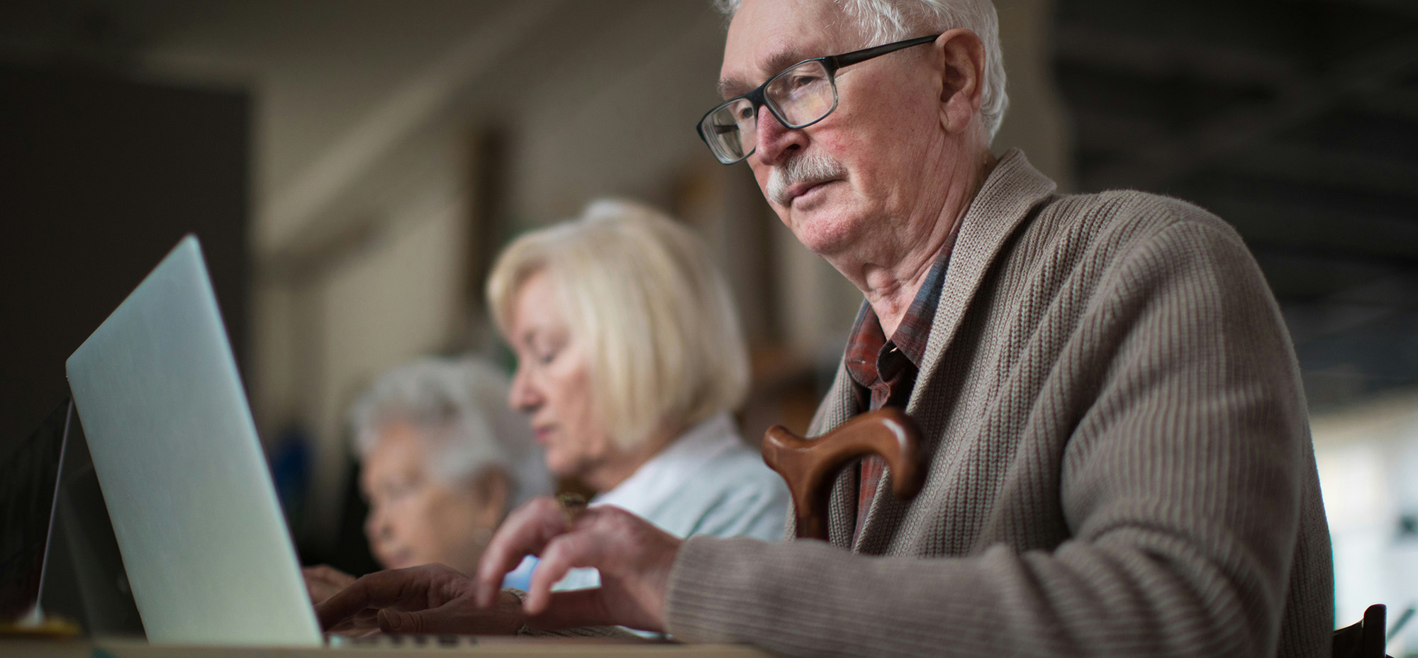 Older adults seated at a table using a laptop together, focused on the screen in a calm indoor setting.
