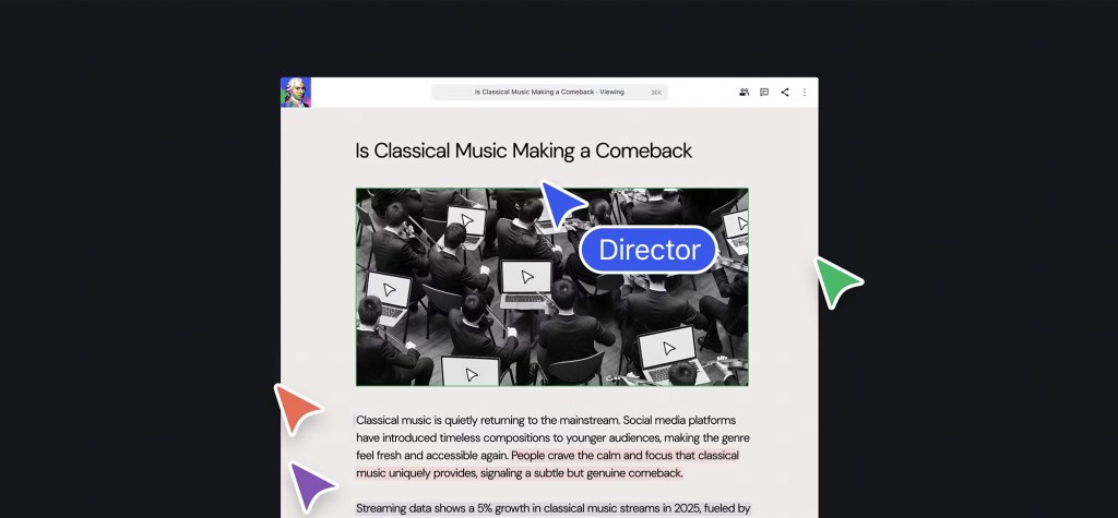 Screenshot of a collaborative document interface showing an article titled ‘Is Classical Music Making a Comeback,’ with multiple play icons over content elements and visual markers indicating different contributors interacting with the page.