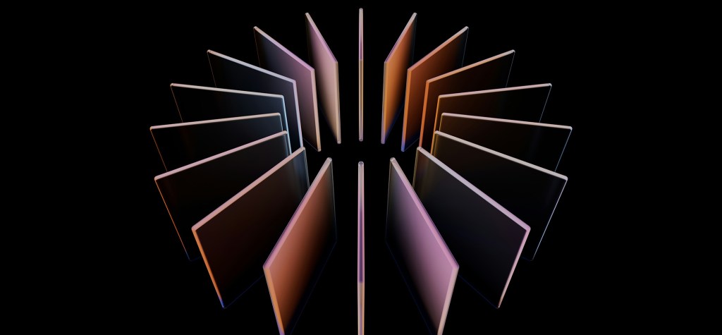 Abstract 3D arrangement of illuminated panels in a circular formation against a black background, representing AI systems and networked infrastructure.