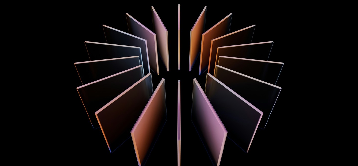 Abstract 3D arrangement of illuminated panels in a circular formation against a black background, representing AI systems and networked infrastructure.