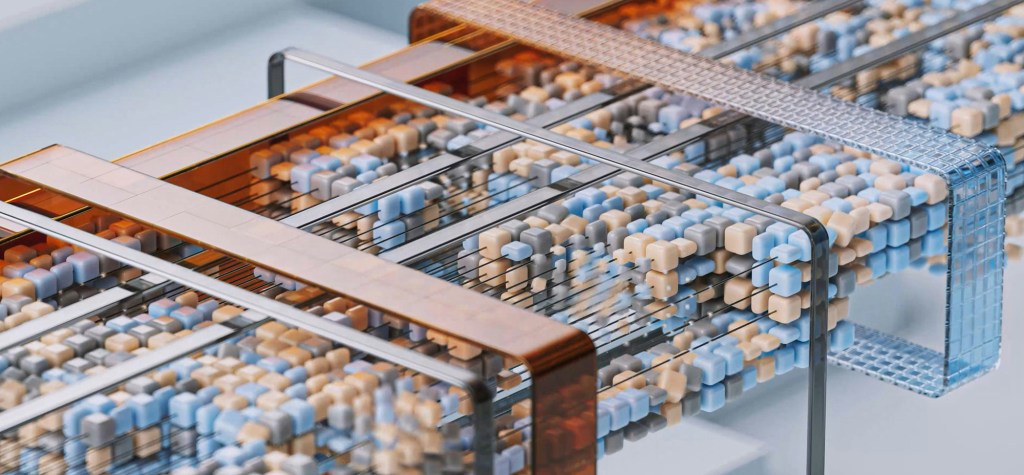 Abstract visualization of flowing data blocks moving through layered transparent structures, representing complex AI systems, computation, and information processing.