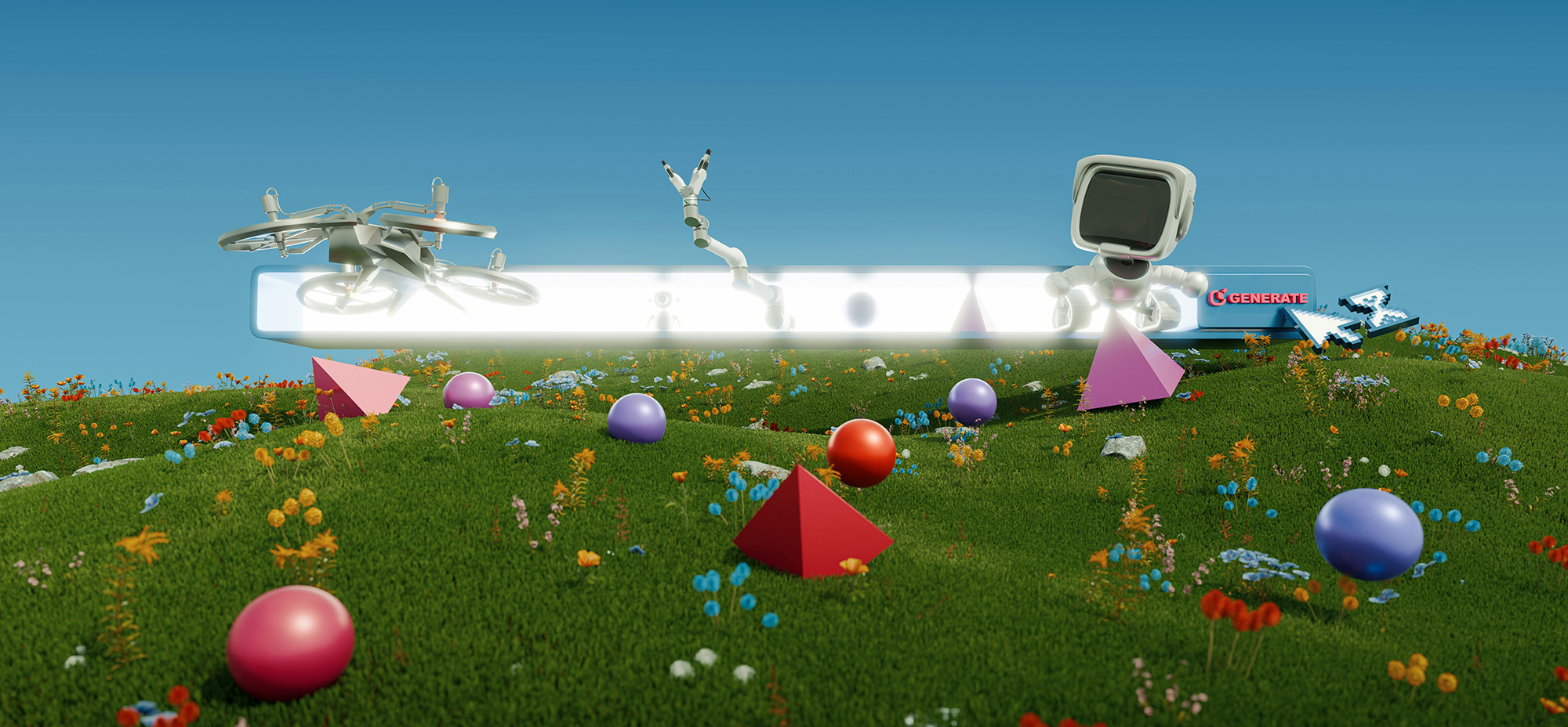 Futuristic robot and robotic arms interacting with a glowing interface bar in a surreal grassy landscape filled with geometric shapes, representing AI generation and automation.