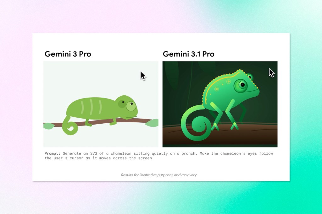 Side-by-side comparison of Gemini 3 and Gemini 3.1 Pro generating a chameleon illustration from a text prompt.