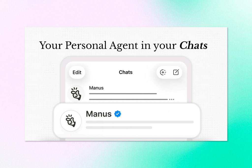 Messaging interface displaying a verified personal AI agent named Manus, representing persistent conversational agents embedded within chat environments.