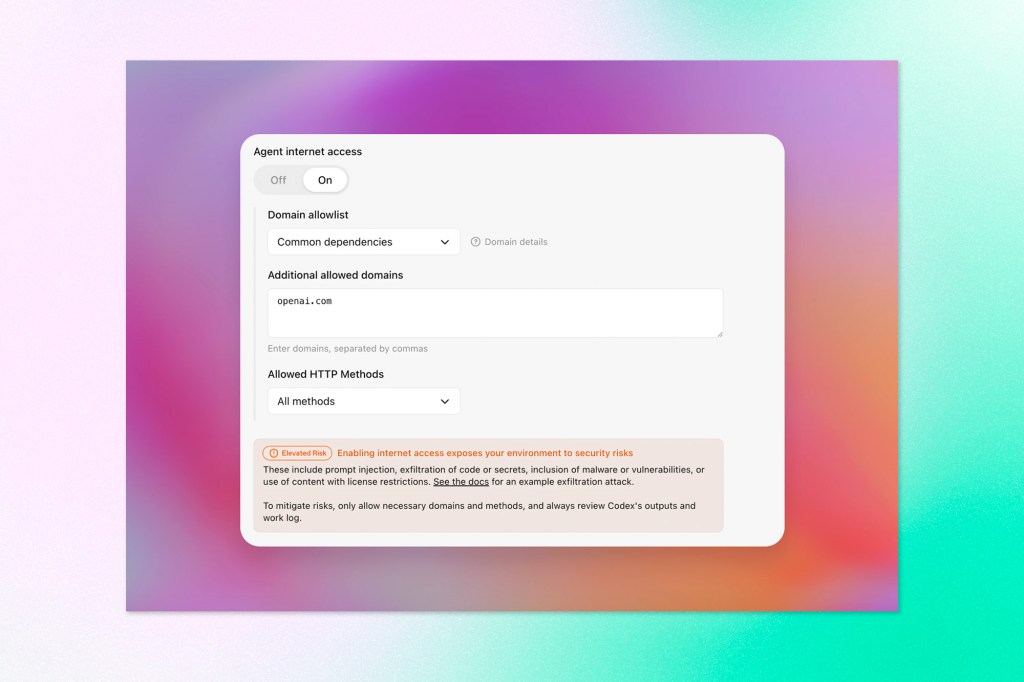 Configuration panel showing AI agent internet access controls, domain permissions, and security warnings, illustrating governance and operational controls for autonomous agents.