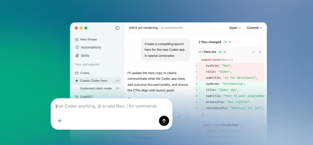 Screenshot of the OpenAI Codex interface showing an AI-assisted development workspace, with task navigation on the left, a conversational prompt in the center, and code changes displayed side by side to illustrate automated coding and collaboration.