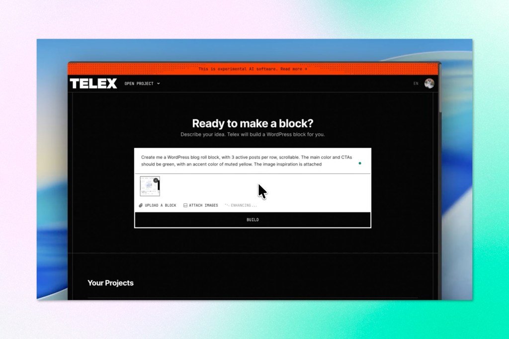 Telex interface generating a custom WordPress block based on a natural language prompt.