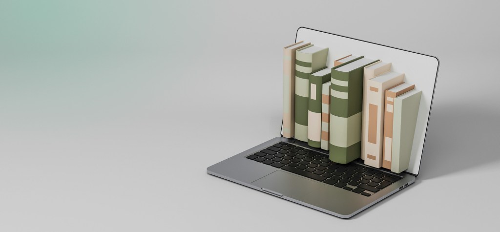 3D illustration of books emerging from a laptop keyboard, representing digital knowledge systems and scalable publishing platforms.