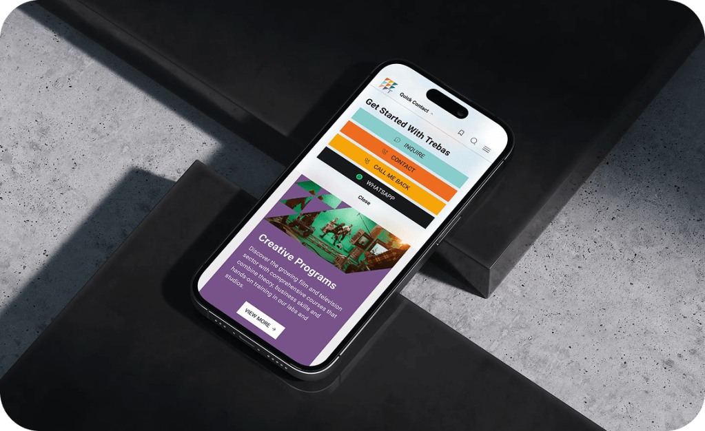 homepage for TREBAS art school shown on mobile screen