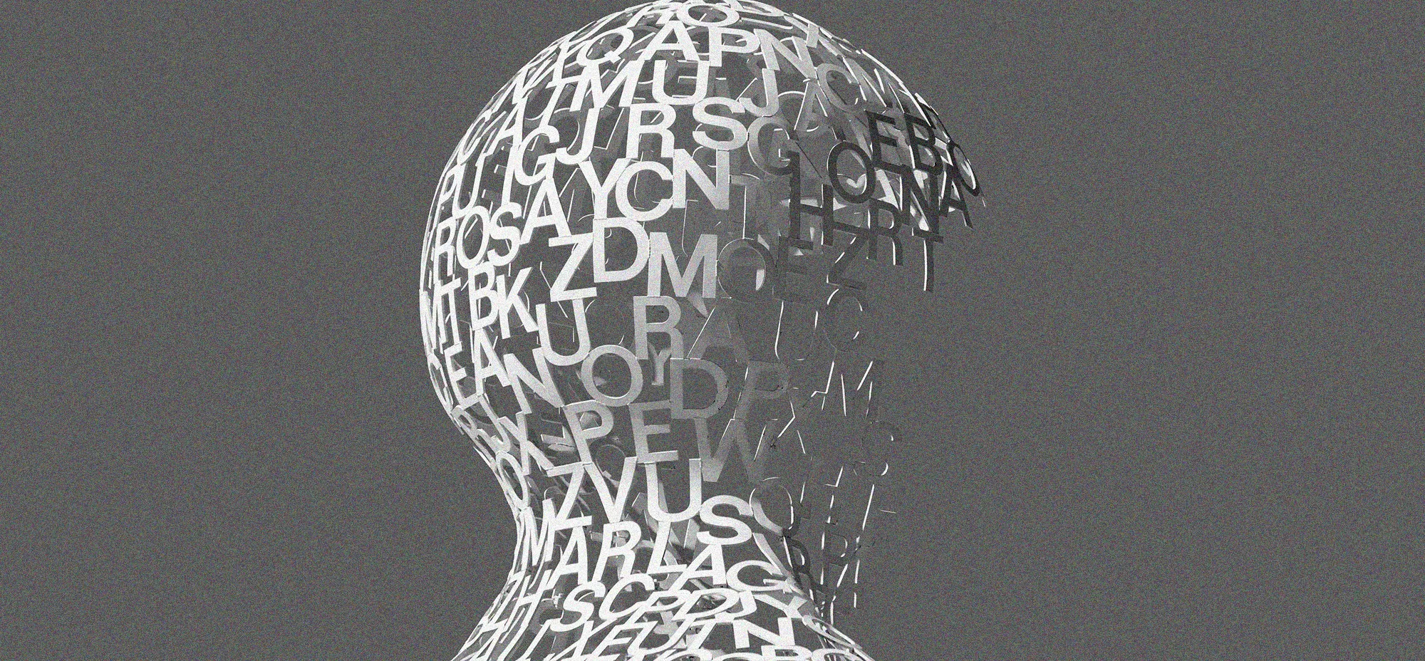 3D human head composed of overlapping letters representing language, data, and artificial intelligence concepts