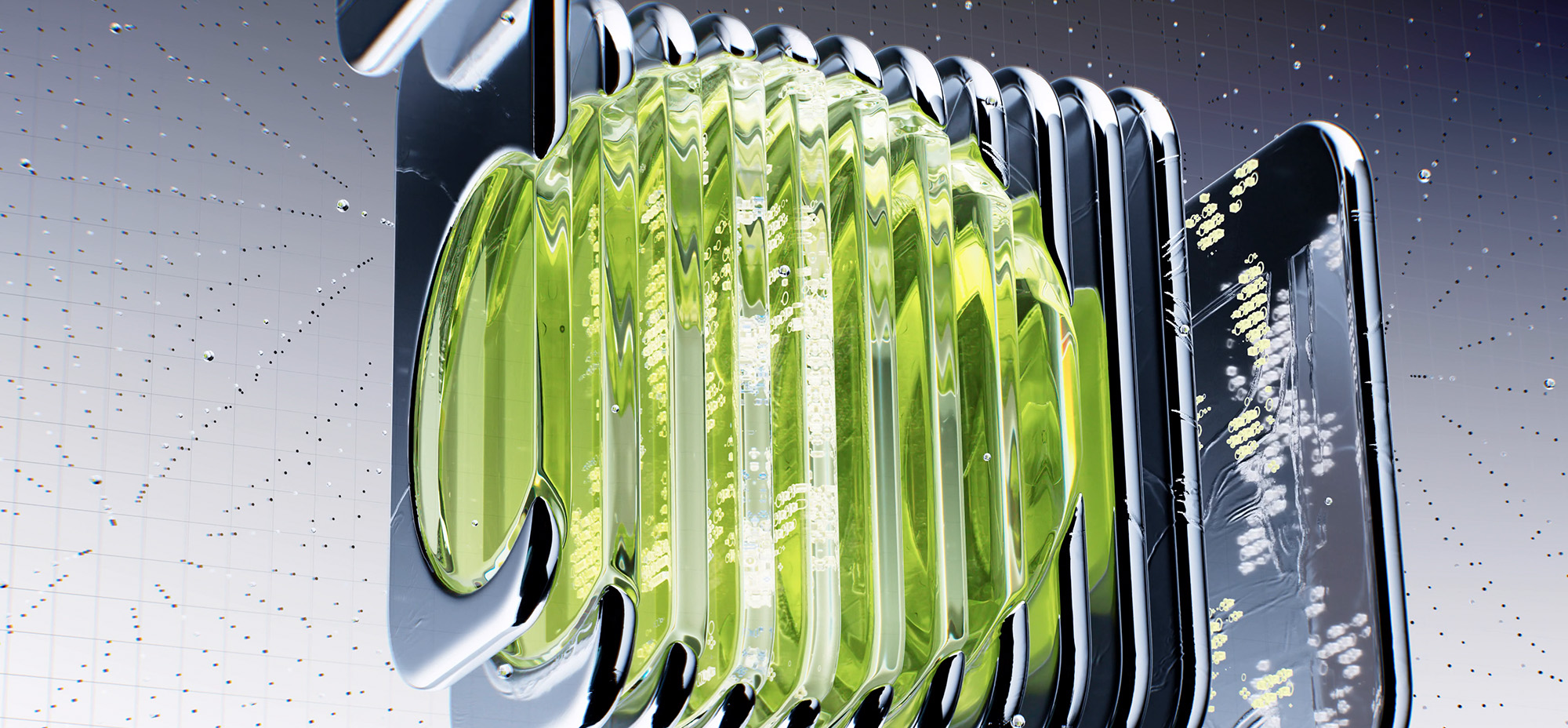 Abstract 3D structure with translucent green fluid and metallic elements representing data flow and AI processing.