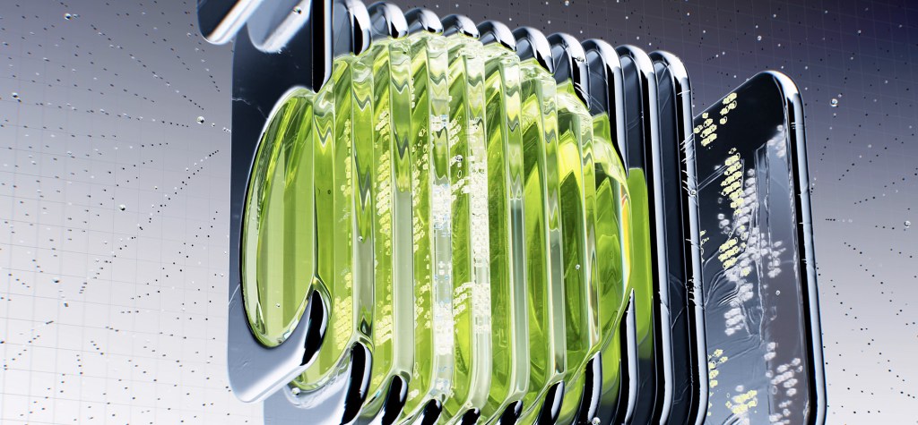 Abstract 3D structure with translucent green fluid and metallic elements representing data flow and AI processing.