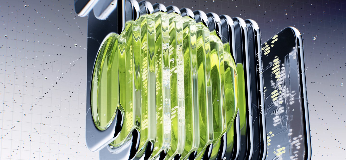 Abstract 3D structure with translucent green fluid and metallic elements representing data flow and AI processing.