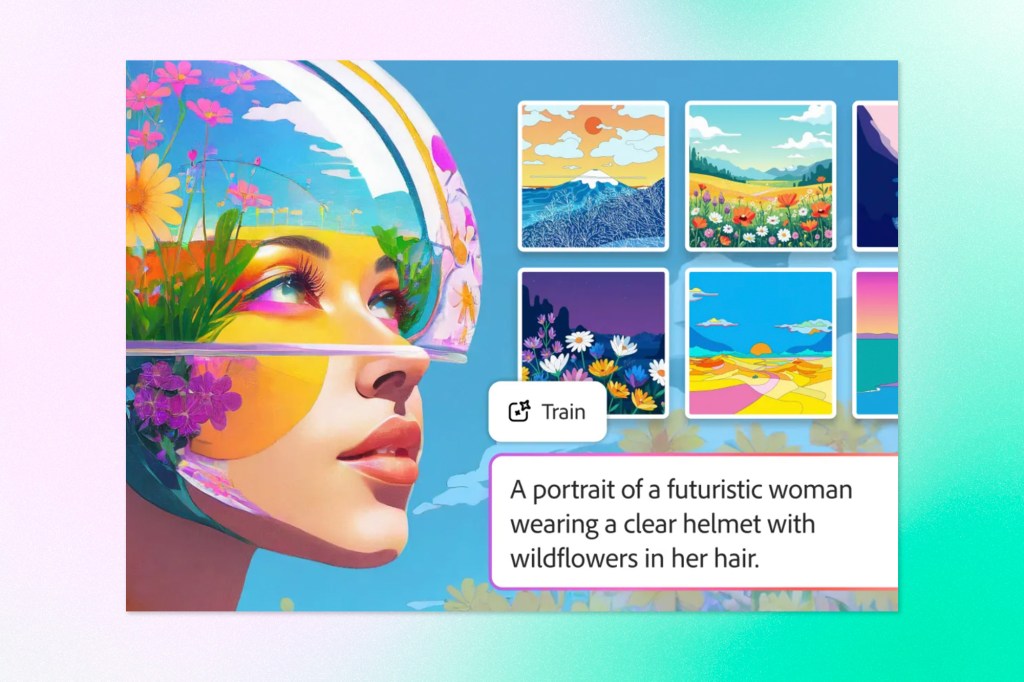 AI image generation interface showing a colorful portrait of a woman with prompt input and style variations.