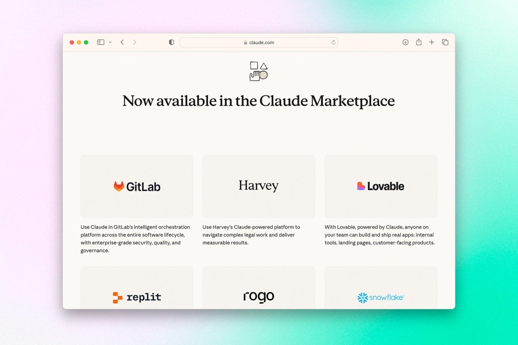 Screenshot of the Claude Marketplace webpage showing integrations with tools including GitLab, Harvey, Lovable, Replit, Rogo, and Snowflake.