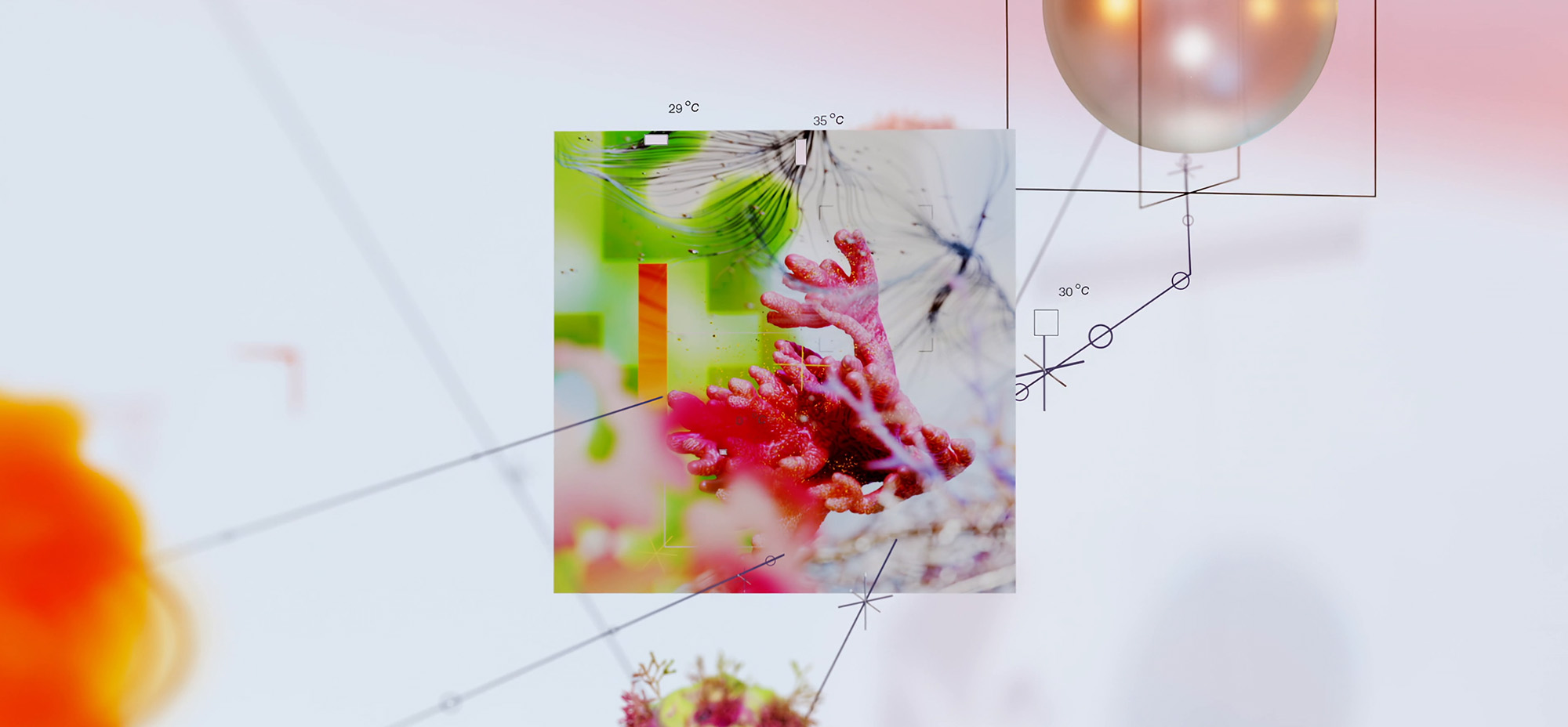 Abstract composition combining a close-up of a coral-like organism with scientific diagram lines and temperature markers, suggesting AI analysis of biological or environmental data.