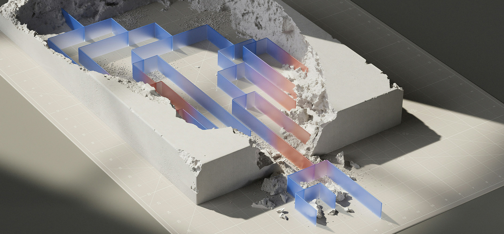 Abstract visualization of layered system architecture emerging from a solid block, illustrating the underlying structure of an AI or software platform.