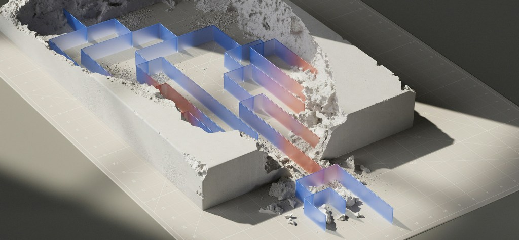 Abstract visualization of layered system architecture emerging from a solid block, illustrating the underlying structure of an AI or software platform.