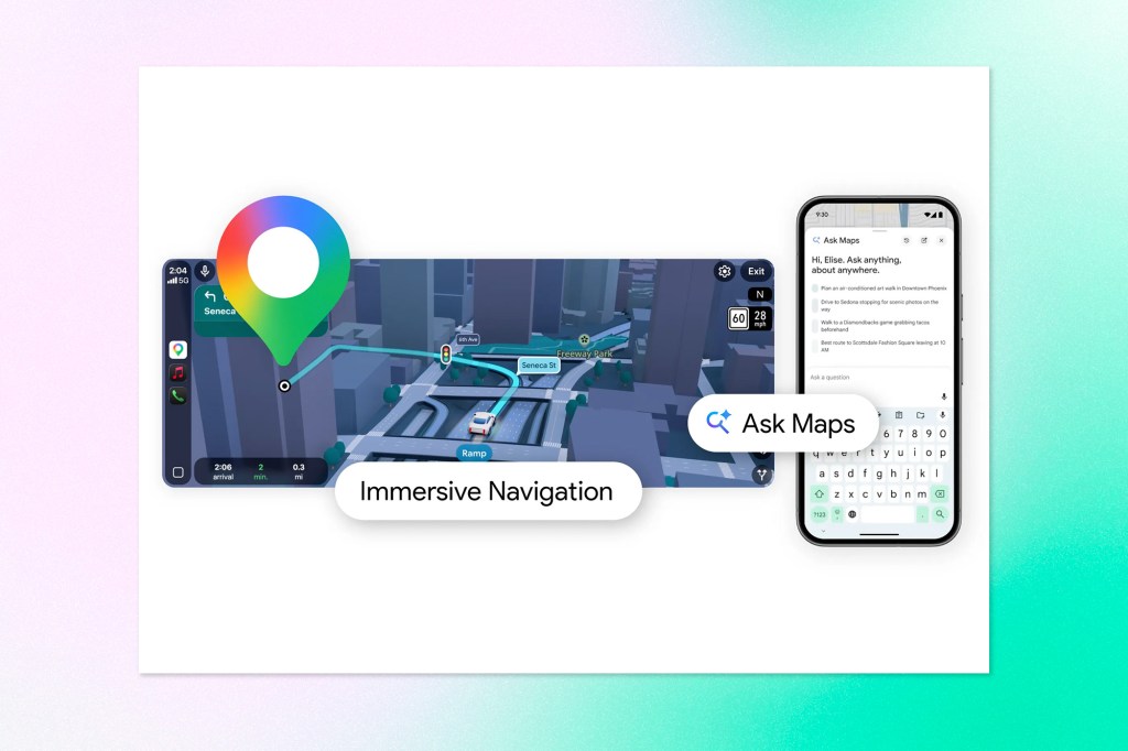 3D immersive navigation view in Google Maps with route guidance and “Ask Maps” AI assistant on mobile.