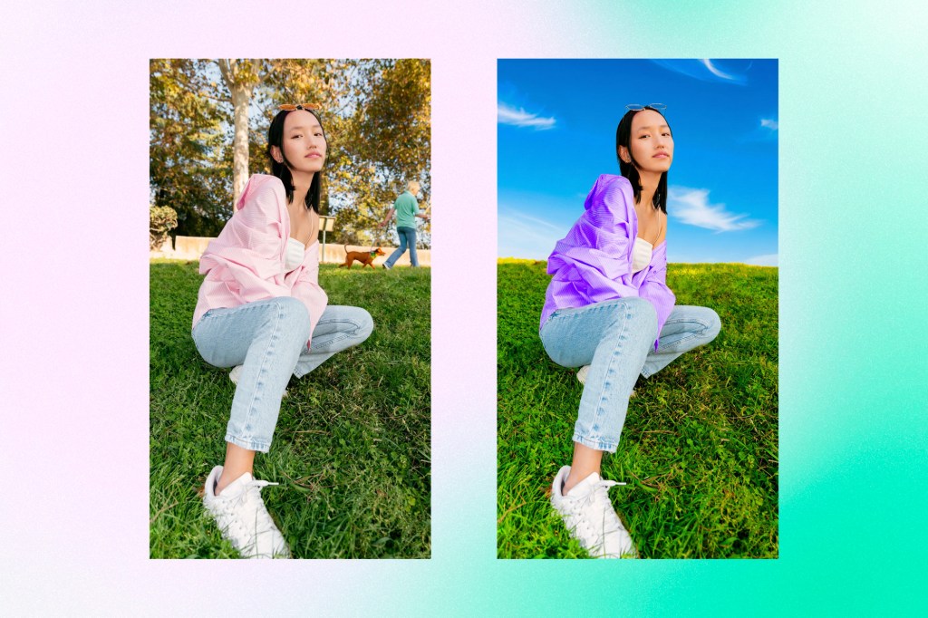 Side-by-side comparison showing a woman sitting on grass in a park and an AI-edited version where the background is replaced with a bright sky and open field.