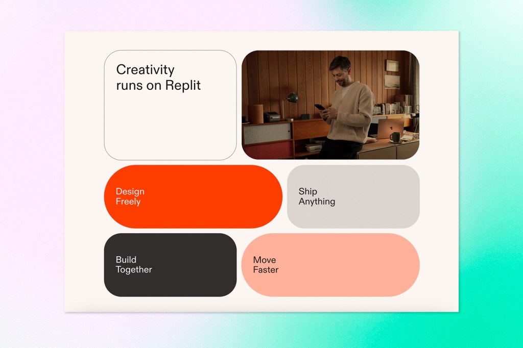 Replit interface showcasing creative development tools with blocks for designing, building, and shipping projects.