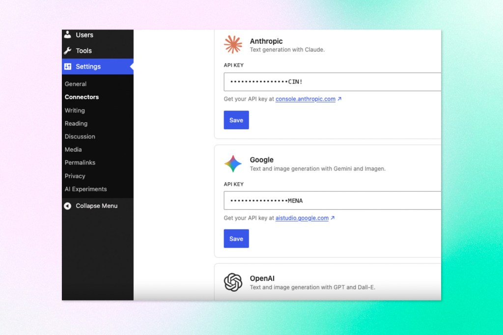 WordPress settings panel displaying AI integrations with Anthropic, Google Gemini, and OpenAI API keys.