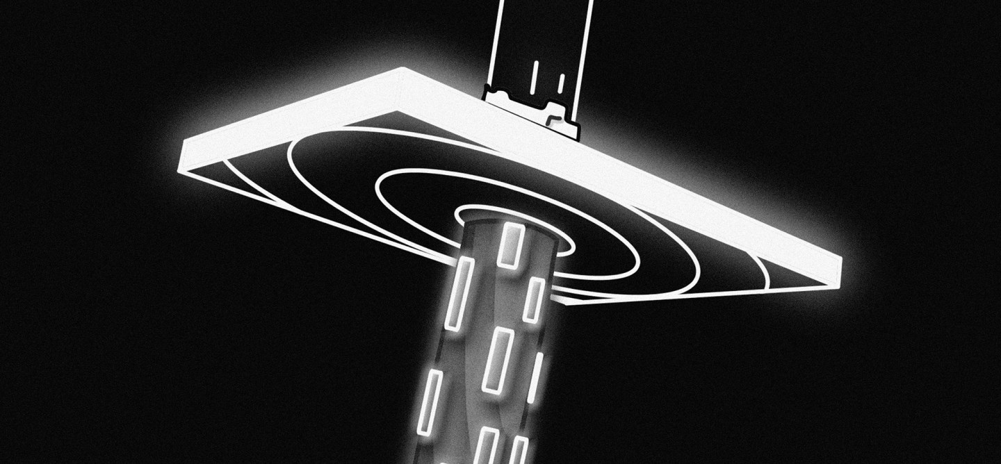 Futuristic abstract structure with concentric circular design and glowing vertical elements in monochrome