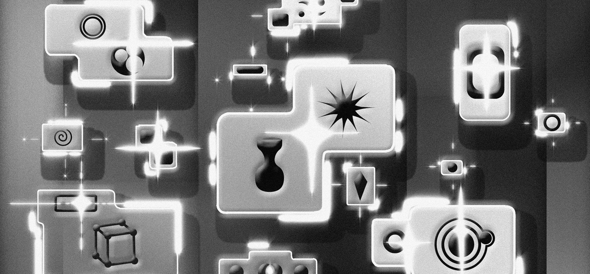 Abstract network of glowing interface modules and data icons connected in a digital system, representing customer insights, data analysis, and interconnected platforms.