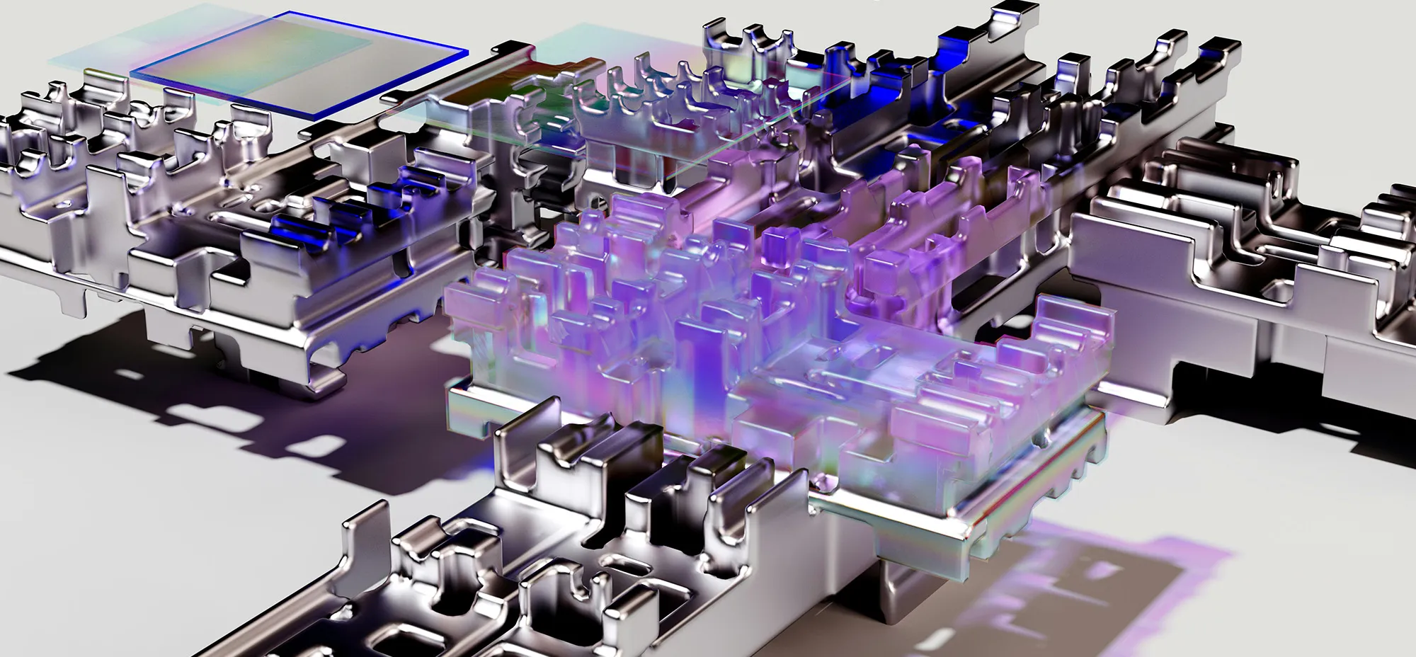 Abstract 3D rendering of layered metallic and translucent structures resembling a modular digital architecture, symbolizing interconnected systems and evolving platform infrastructure.