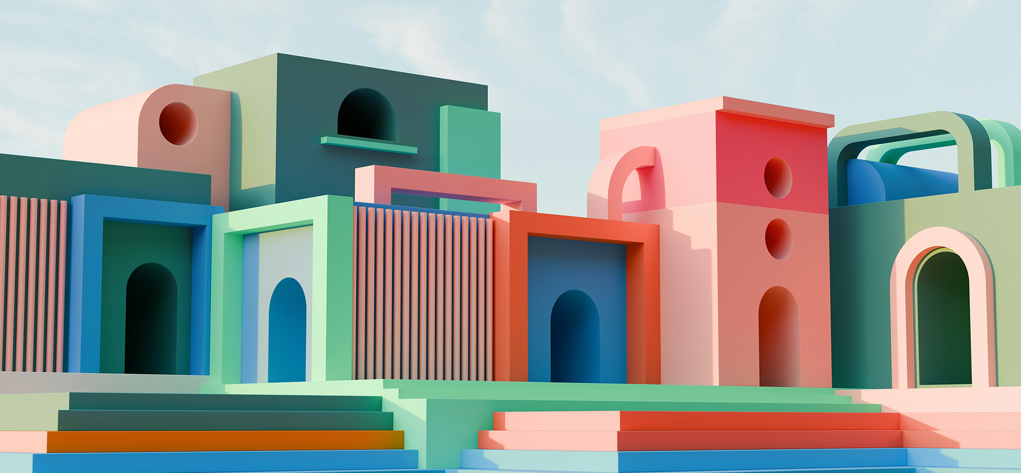 Colorful 3D geometric architectural shapes with arches and steps in a modern abstract cityscape.