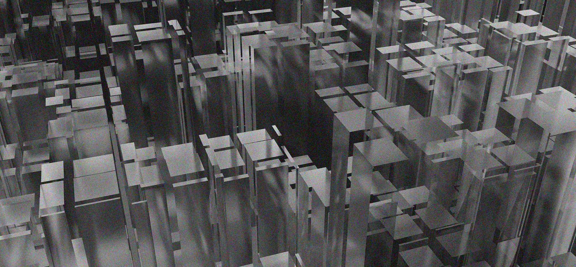 Monochrome abstract grid of geometric blocks resembling a dense, interconnected digital or urban system.
