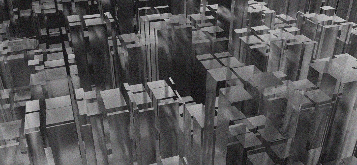 Monochrome abstract grid of geometric blocks resembling a dense, interconnected digital or urban system.