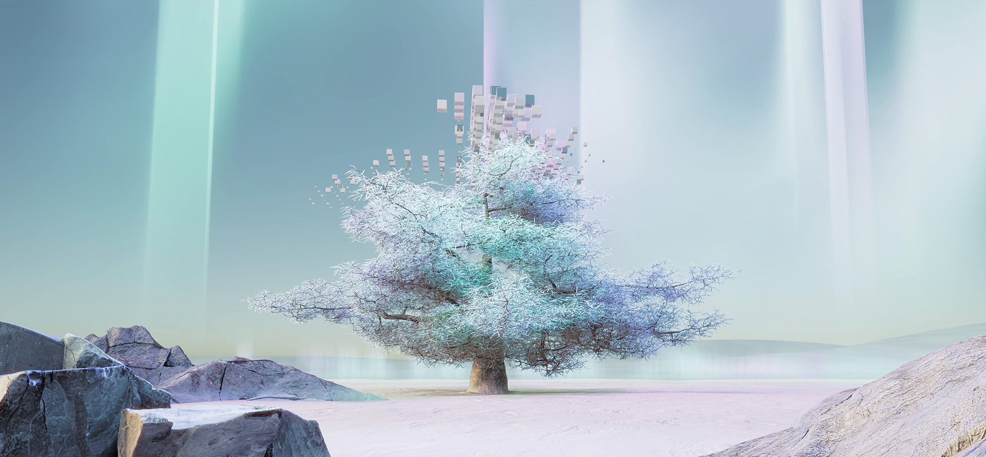 Abstract digital tree with pixelated fragments dissolving upward in a surreal, futuristic landscape.