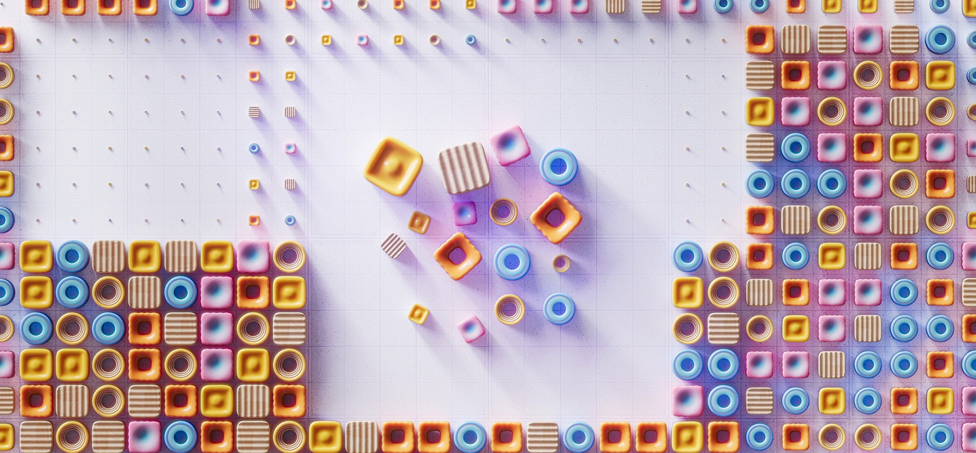 Abstract grid of colourful geometric shapes and tiles, with scattered elements suggesting movement or reconfiguration.