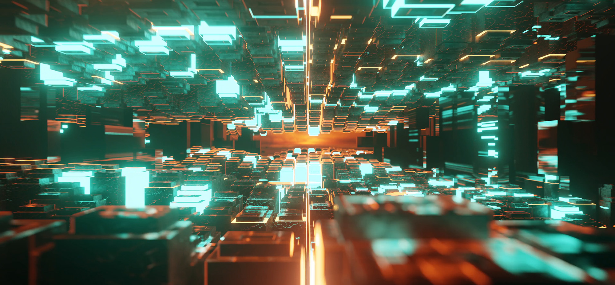 Futuristic 3D scene of a glowing digital grid with teal and orange light blocks, suggesting a data network or virtual computing environment.