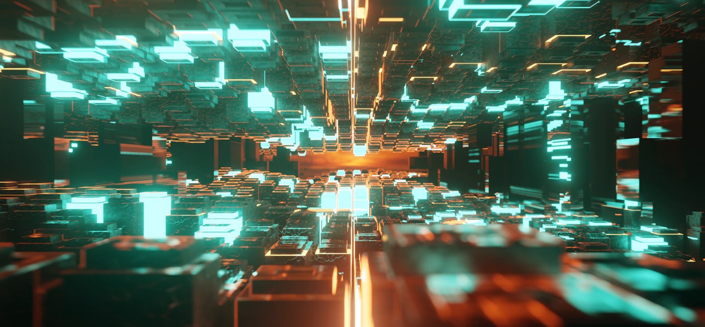 Futuristic 3D scene of a glowing digital grid with teal and orange light blocks, suggesting a data network or virtual computing environment.
