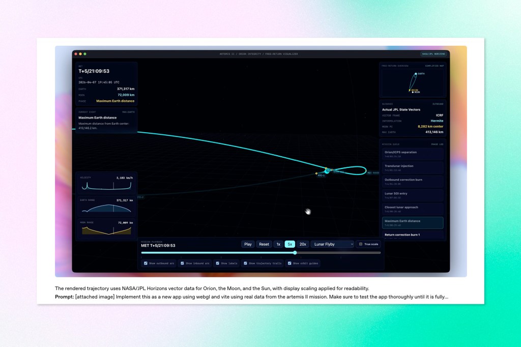 Dark-themed interface visualizing a spacecraft trajectory between Earth and the Moon, with charts, mission data, and controls displayed on a dashboard.