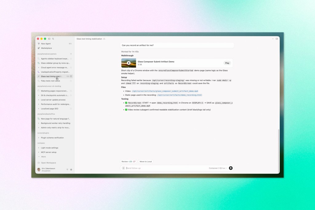 Software interface showing an AI coding assistant with project files, notes, and a recorded demo walkthrough.