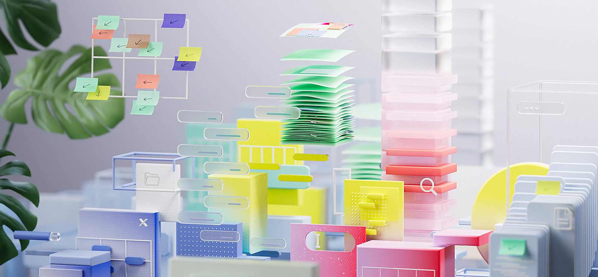 Abstract 3D illustration of layered data blocks, files, and interface elements representing AI systems and information flow.