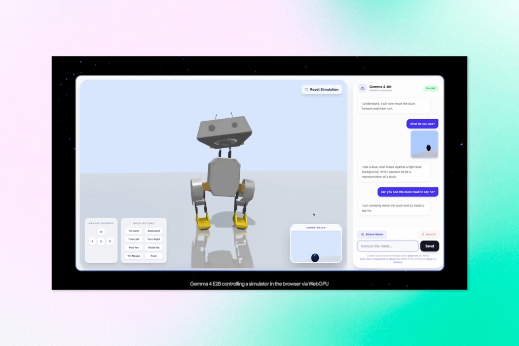 Browser-based simulation of a small robot controlled by an AI interface with chat instructions and visual feedback.
