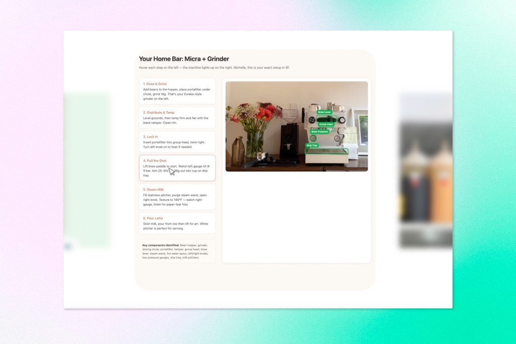 Interface showing step-by-step instructions for a home espresso setup, with annotated image of a coffee machine and grinder.