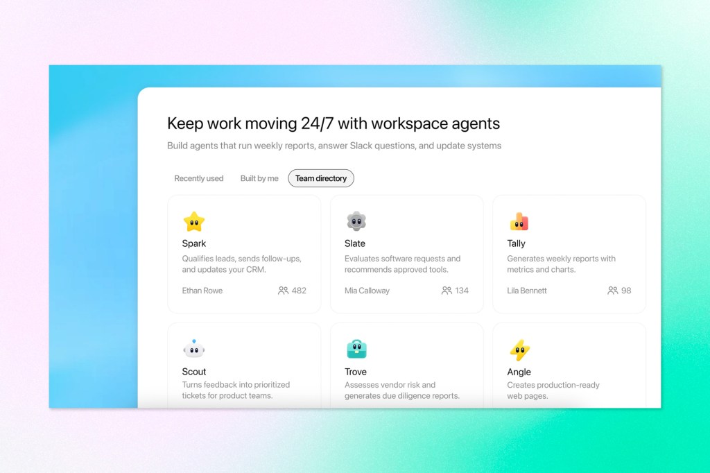 Screenshot showing ChatGPT workspace agents interface with shared AI agents for automating reports, Slack tasks, software evaluations, and workflow operations across teams.