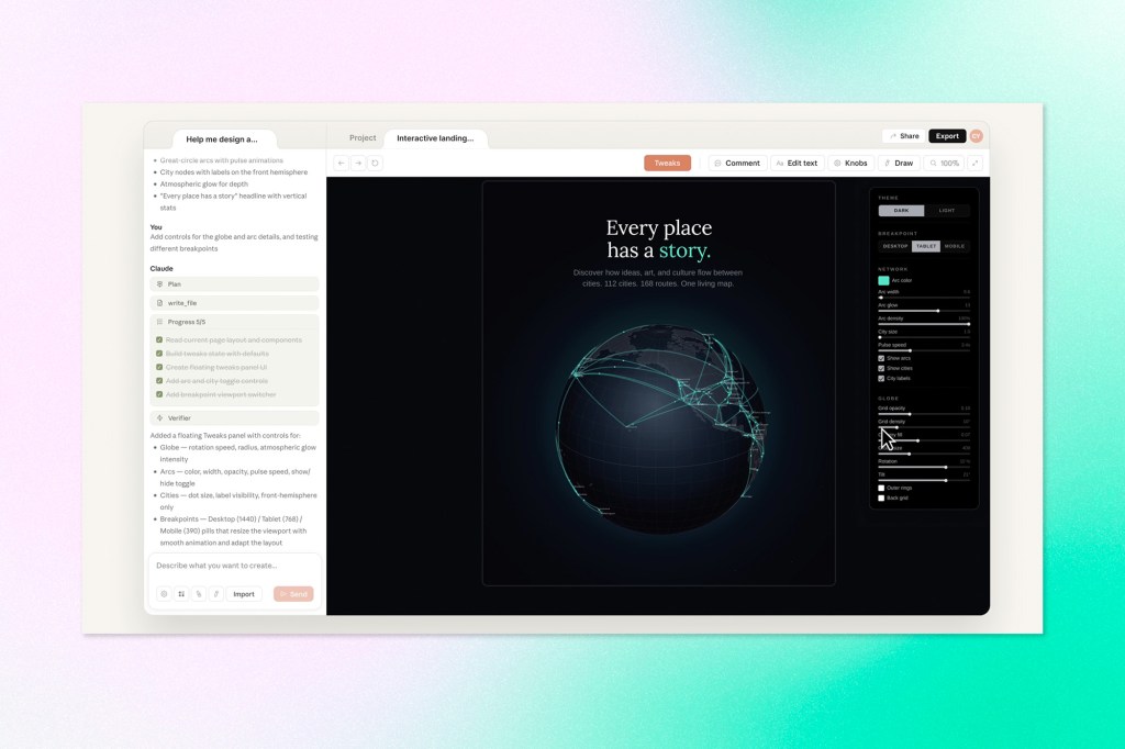 Screenshot of Claude assisting with interactive design creation, showing a globe visualization, layout controls, and AI-guided design adjustments.