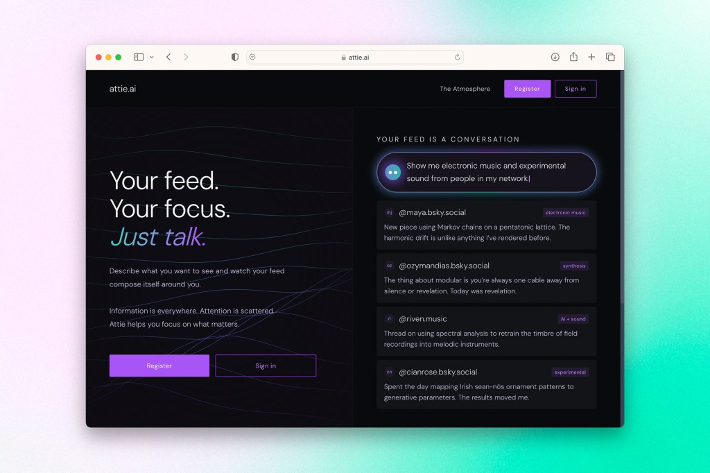 Dark-themed website interface showing a conversational feed where users type prompts to generate personalized content.