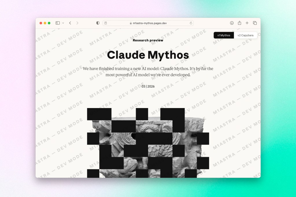 Web page titled “Claude Mythos” showing a research preview of a new AI model with stylized visuals and release date.