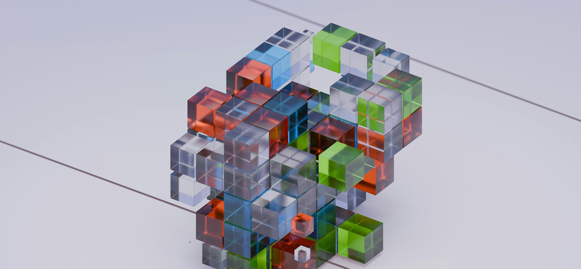 Abstract 3D composition of transparent and coloured cubes arranged in a modular, interconnected structure.