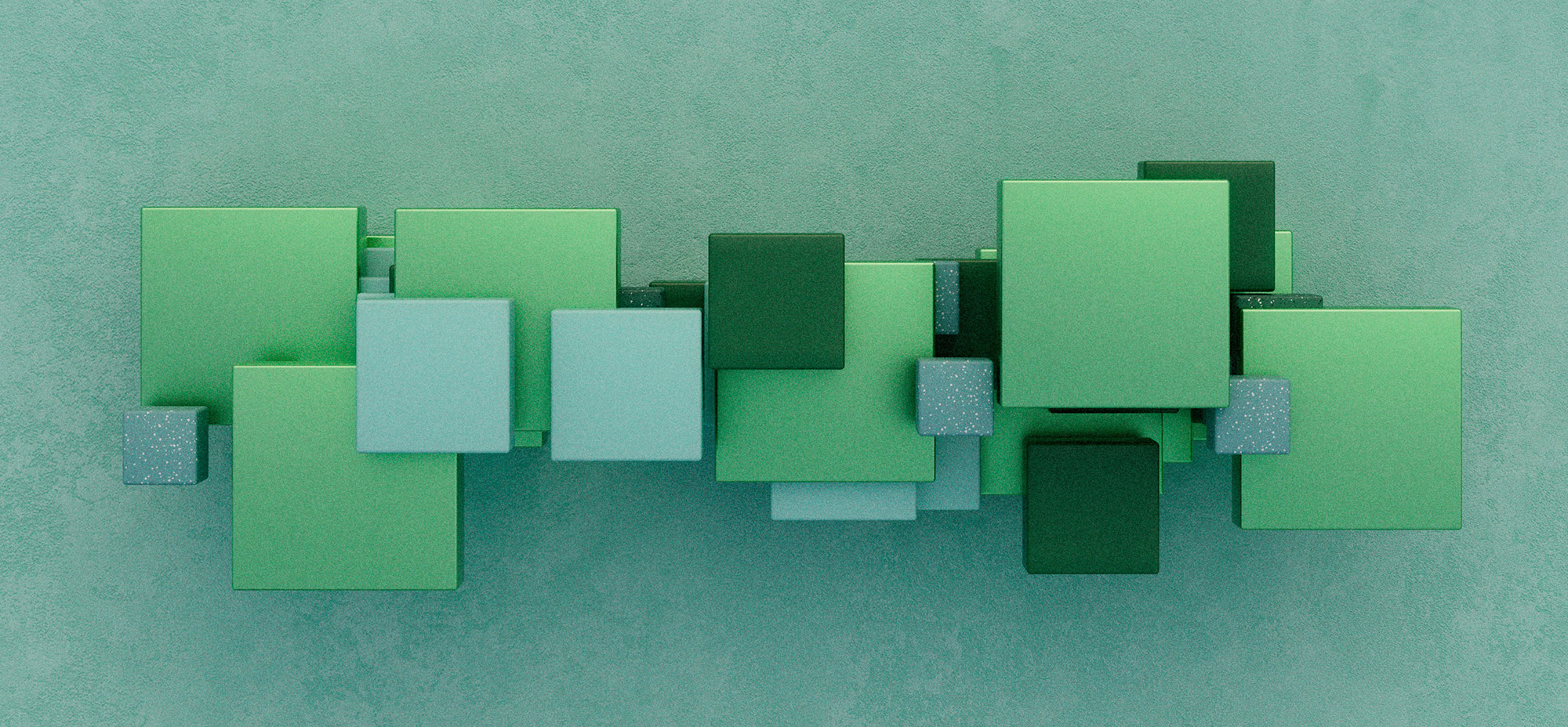 Abstract composition of layered green geometric blocks representing structured content, data relationships, and interconnected digital systems.