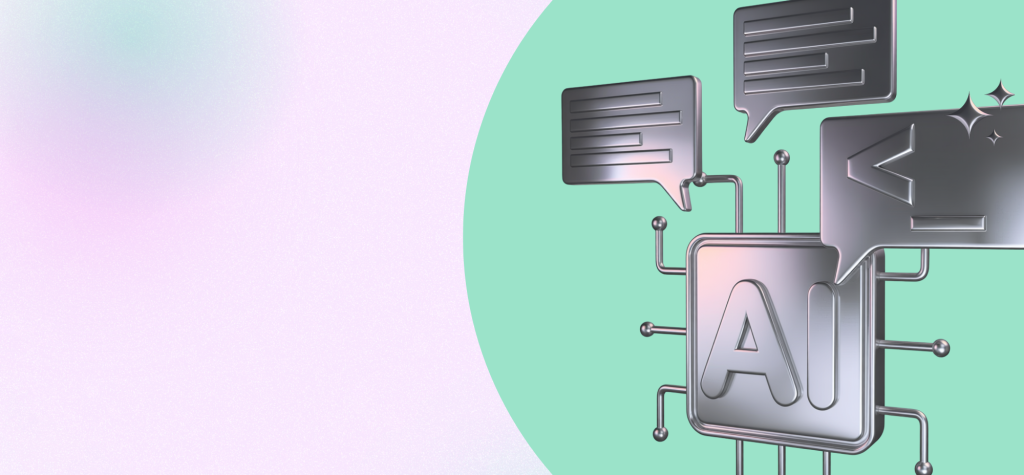 Metallic AI icon surrounded by connected speech bubbles and communication symbols on a pastel background, representing conversational AI, chatbots, and language models.